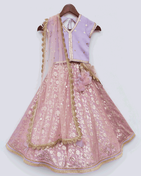 Pre-Order: Lilac Choli with Pink Chanderi Brocade Lehenga