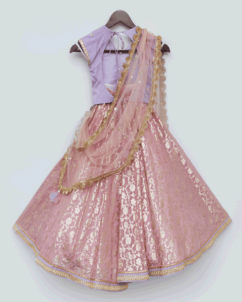 Pre-Order: Lilac Choli with Pink Chanderi Brocade Lehenga