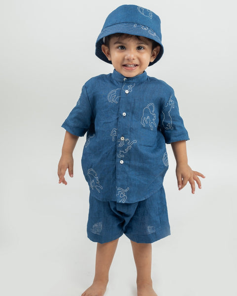Pre-Order: Linen Hand Embroidered Katha Co-ordinated Set with Bucket Hat -3 PC