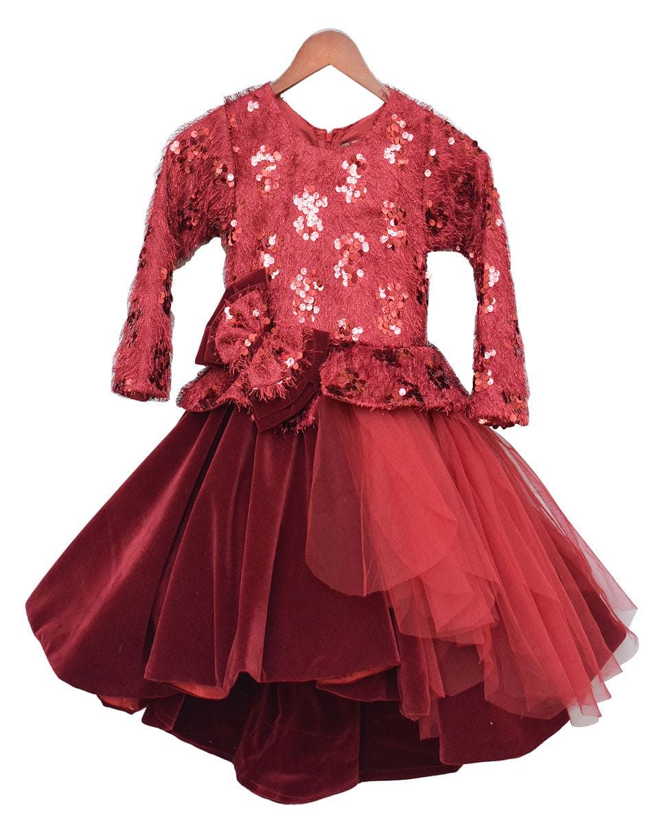 Pre-Order: Maroon Sequence High Low Frock– Peonyy Kids