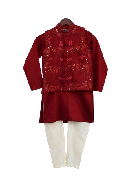 Pre-Order: Maroon Embroidery Jacket with Kurti and Churidar