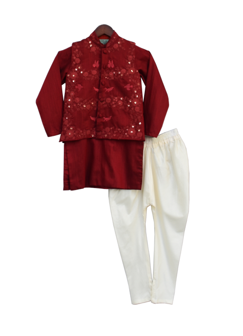 Pre-Order: Maroon Embroidery Jacket with Kurti and Churidar