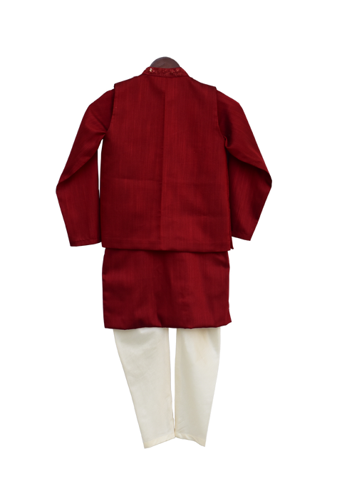 Pre-Order: Maroon Embroidery Jacket with Kurti and Churidar
