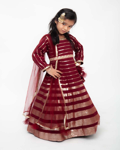 Pre-Order: Maroon Sequins Strips Anarkali