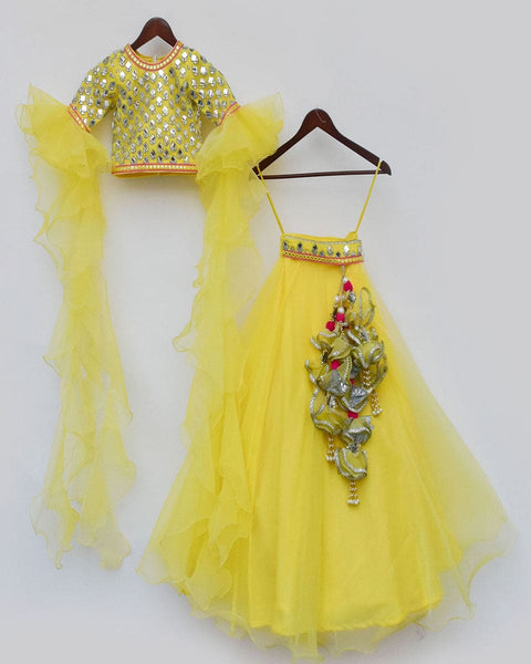 Pre-Order: Mirror work Choli with Yellow Organza Lehenga