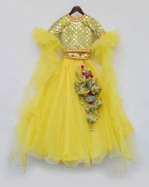 Pre-Order: Mirror work Choli with Yellow Organza Lehenga