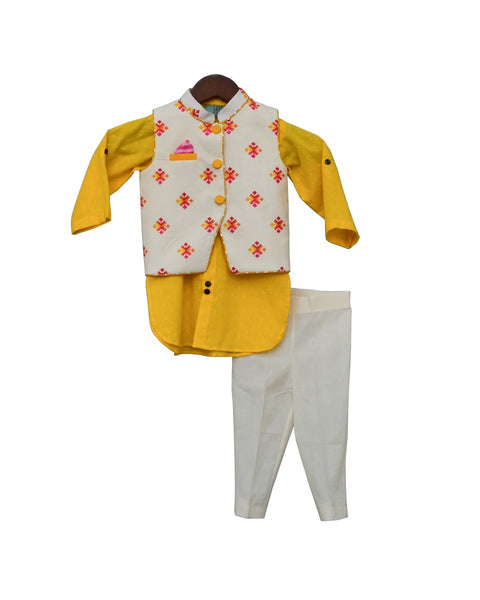 Pre-Order: Multi Colour Bootie Nehru Jacket with Yellow Kurta & Pant