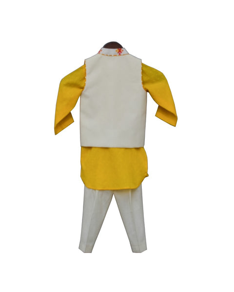 Pre-Order: Multi Colour Bootie Nehru Jacket with Yellow Kurta & Pant