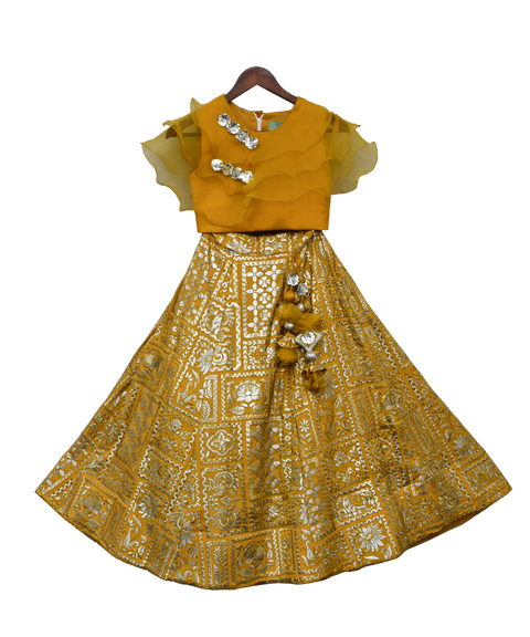 Pre-Order: Mustard Yellow Embroidery High Waist Lehenga Choli with Organza Dupatta