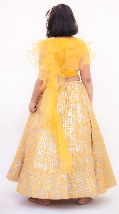 Pre-Order: Mustard Yellow Embroidery High Waist Lehenga Choli with Organza Dupatta