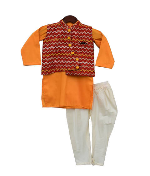 Pre-Order: Mustard Yellow Kurta with Printed Nehru Jacket Set