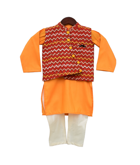 Pre-Order: Mustard Yellow Kurta with Printed Nehru Jacket Set