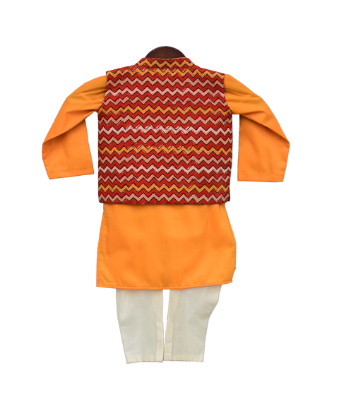 Pre-Order: Mustard Yellow Kurta with Printed Nehru Jacket Set