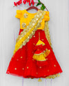 Pre-Order: Hand Embroidered Zari work Red/Yellow attached Dupatta Lehenga