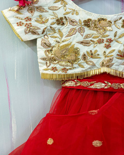Pre-Order: Hand Embroidered Zari work Red/Golden attached Dupatta Lehenga