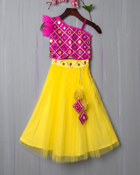 Pre-Order: Pink/Lemon Hand Embroidered Mirror Work Lehenga