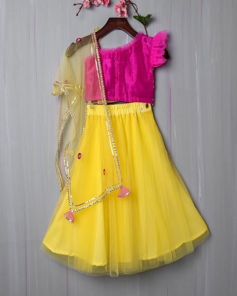 Pre-Order: Pink/Lemon Hand Embroidered Mirror Work Lehenga