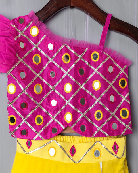 Pre-Order: Pink/Lemon Hand Embroidered Mirror Work Lehenga