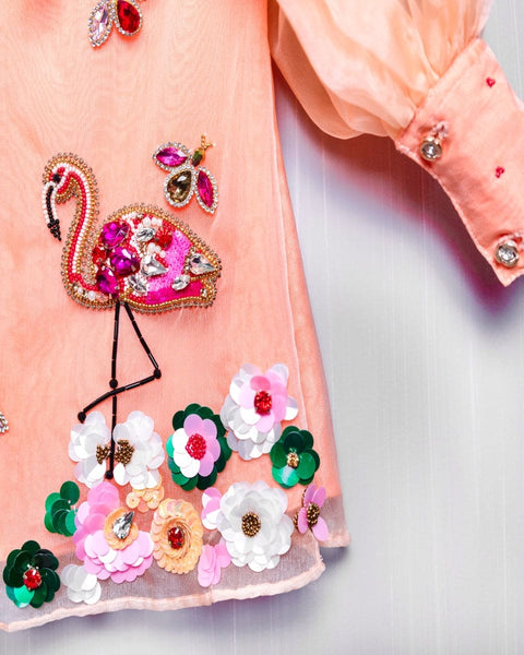 Pre-Order: Hand Embroidered Flamingo Short Dress