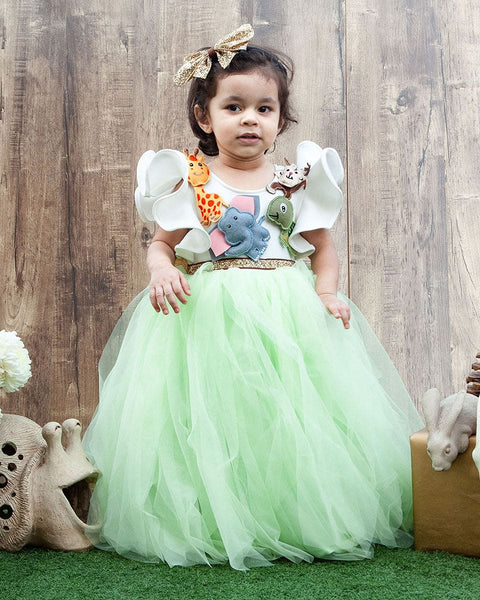 Pre-Order-Off-White and Green Net Gown with Animals motifs