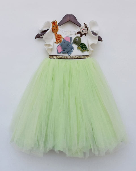 Pre-Order-Off-White and Green Net Gown with Animals motifs