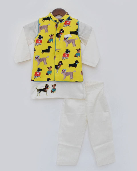Pre-Order: Off White Kurta and Pant with Dog Printed Jacket