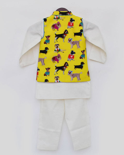 Pre-Order: Off White Kurta and Pant with Dog Printed Jacket