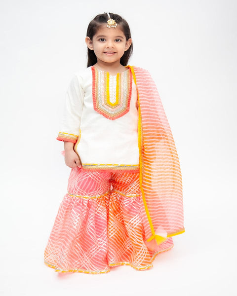 Pre-Order: Off-White Kurta with Pink Kotta Print Fabric Sharara and Dupatta Set