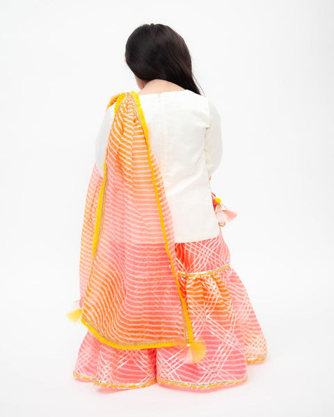 Pre-Order: Off-White Kurta with Pink Kotta Print Fabric Sharara and Dupatta Set