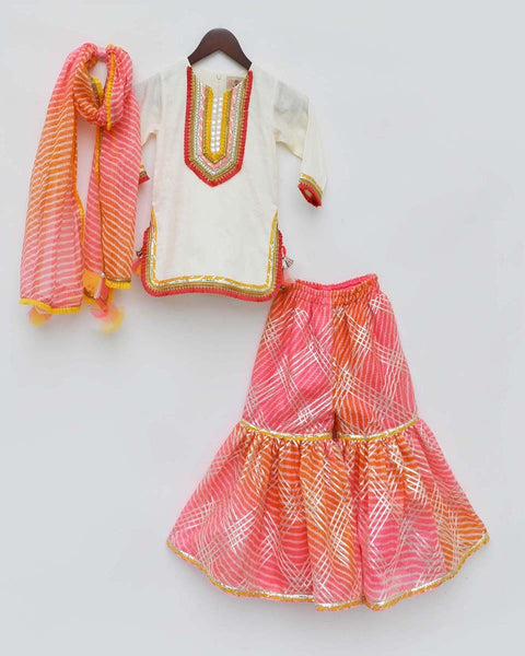 Pre-Order: Off-White Kurta with Pink Kotta Print Fabric Sharara and Dupatta Set