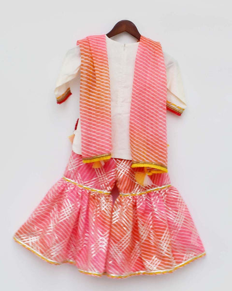 Pre-Order: Off-White Kurta with Pink Kotta Print Fabric Sharara and Dupatta Set