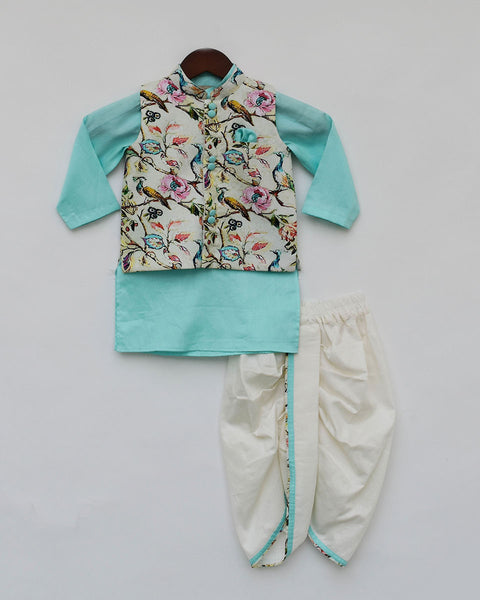 Pre-Order: Off White Print Jacket with Blue Kurta and Dhoti