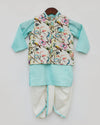 Pre-Order: Off White Print Jacket with Blue Kurta and Dhoti