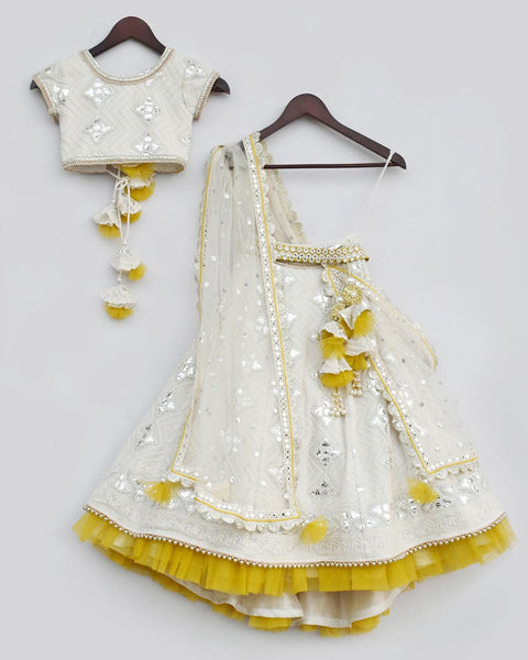 Pre-Order: Off-White Thread and Gota Embroidery Lehenga Choli Set