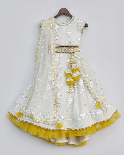 Pre-Order: Off-White Thread and Gota Embroidery Lehenga Choli Set