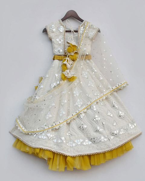 Pre-Order: Off-White Thread and Gota Embroidery Lehenga Choli Set