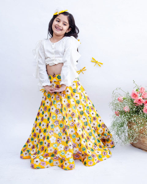 Pre-Order: Off-white Tie Knot Top with Yellow Multicolor Flowers Lehenga