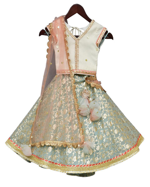 Pre-Order: Off-White Sequence Choli with Light Blue Brocade Lehenga