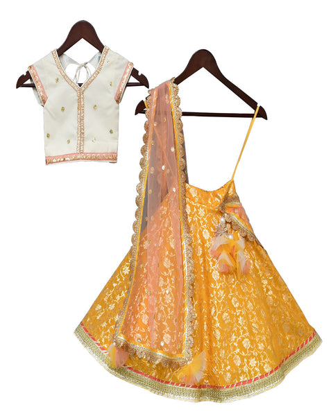 Pre-Order: Off-White Sequence Choli with Yellow Brocade Lehenga