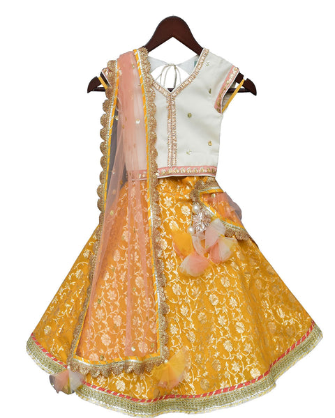 Pre-Order: Off-White Sequence Choli with Yellow Brocade Lehenga
