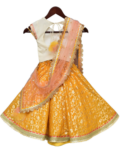 Pre-Order: Off-White Sequence Choli with Yellow Brocade Lehenga