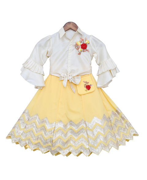 Pre-Order: Off-White Knotted Top with Yellow Gota Lehenga