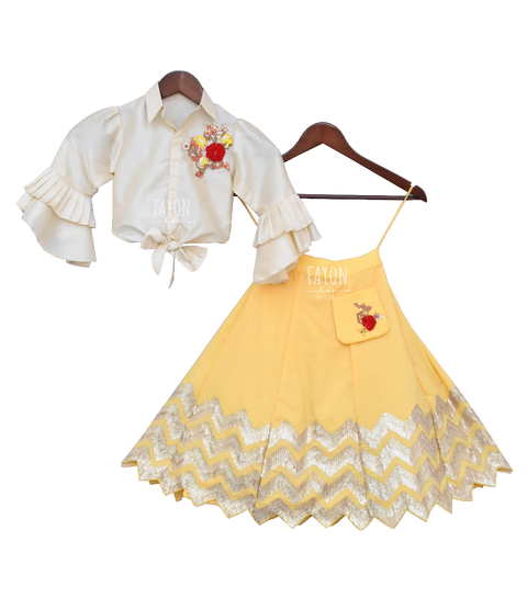 Pre-Order: Off-White Knotted Top with Yellow Gota Lehenga