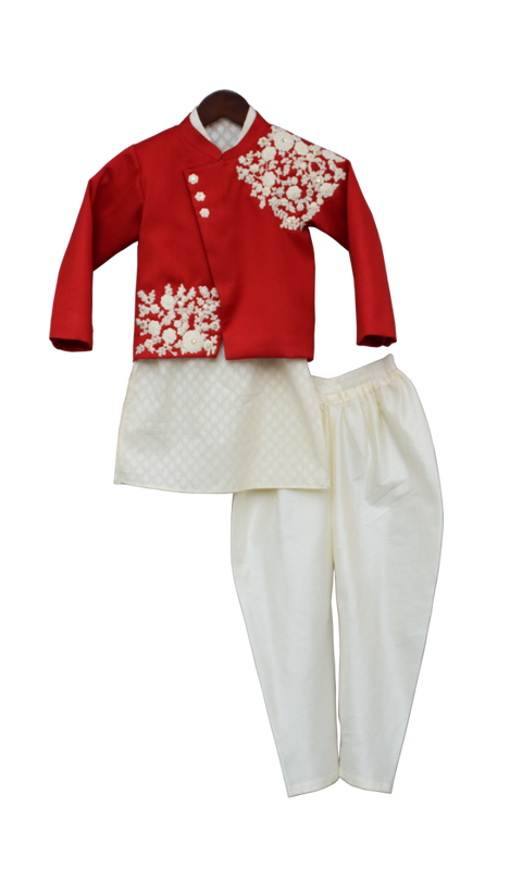 Pre-Order: Off-White Kurta with Red Jacket & Churidar
