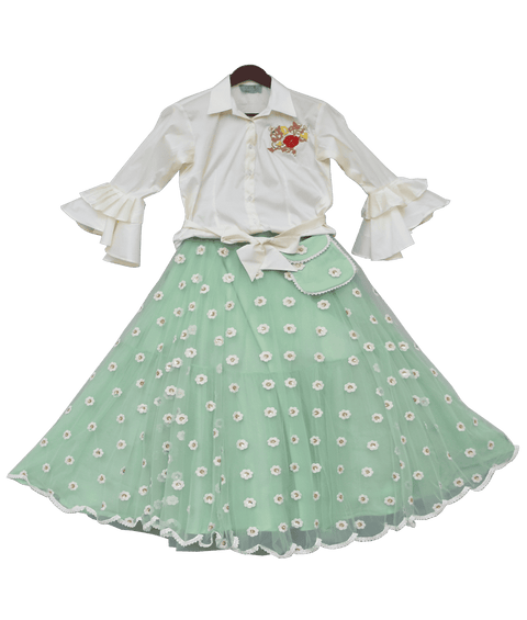 Pre Order: Off-White Top with Green Embroidery Net Lehenga