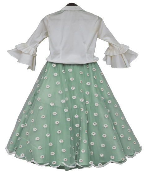Pre Order: Off-White Top with Green Embroidery Net Lehenga