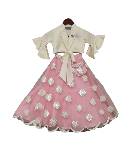 Pre Order: Off-White Top with Pink Embroidery Net Lehenga