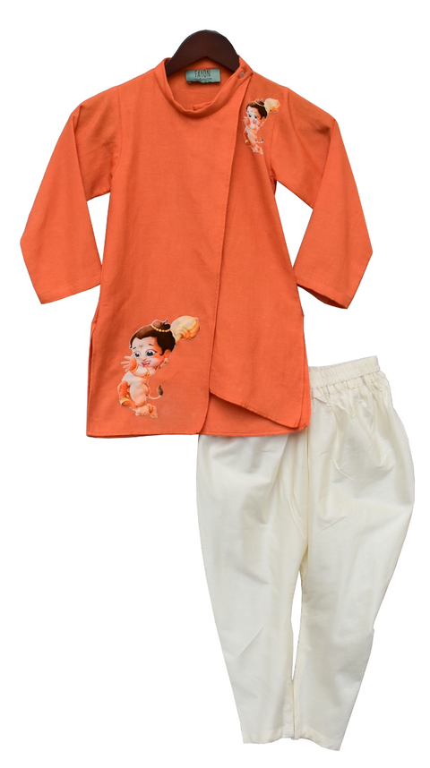 Pre-Order: Orange Hanuman ji Printed Kurta with Chuidar