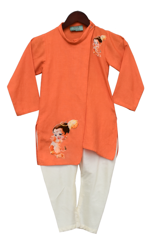 Pre-Order: Orange Hanuman ji Printed Kurta with Chuidar