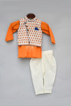 Pre-Order: Orange Kurta with Flower Print Nehru Jacket Set